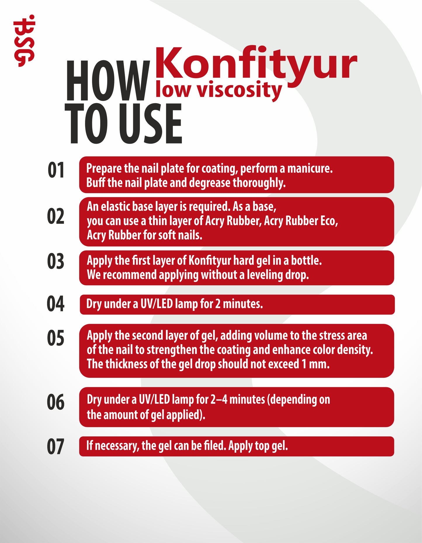 Gel duro BSG en botella Konfityur #01 BAJA VISCOSIDAD - Lechoso (color suave y translúcido) (20 ml)