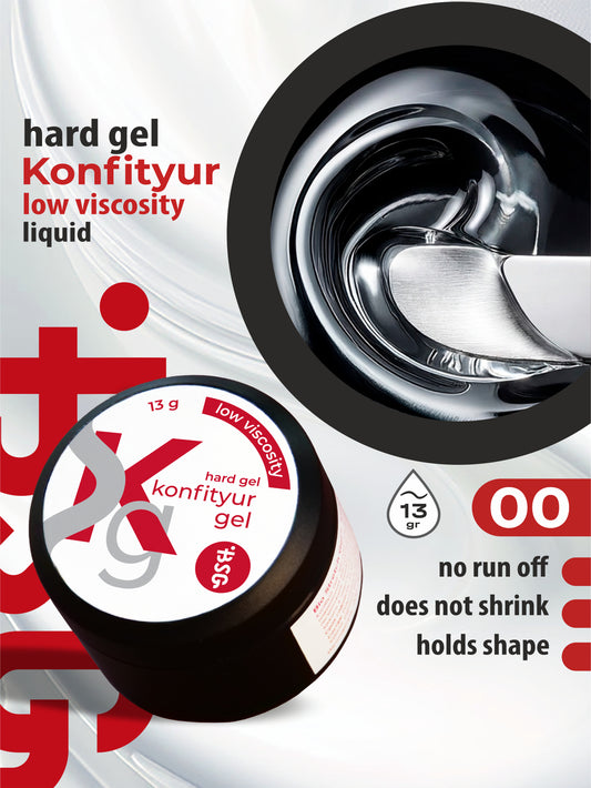 Gel duro BSG para extensiones Konfityur #00LV - Transparente incoloro BAJA VISCOSIDAD (13 g)