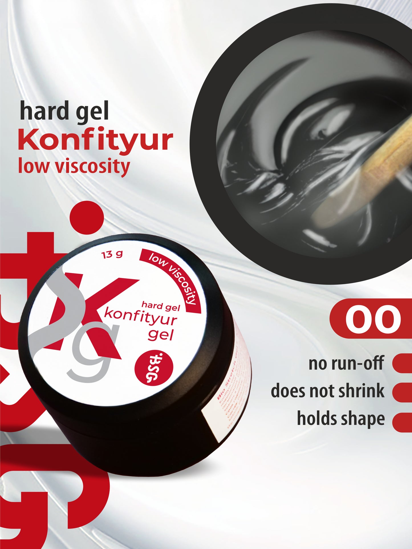 Gel duro BSG para extensiones Konfityur #00LV - Transparente incoloro BAJA VISCOSIDAD (13 g)