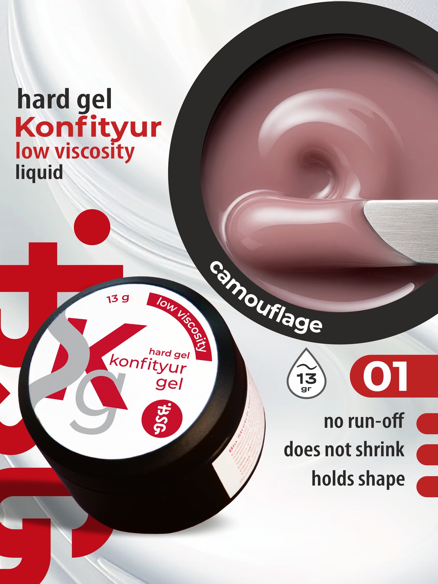 Gel dur BSG pour extensions Konfithur #01 FAIBLE VISCOSITÉ - Camouflage rose (13 g)