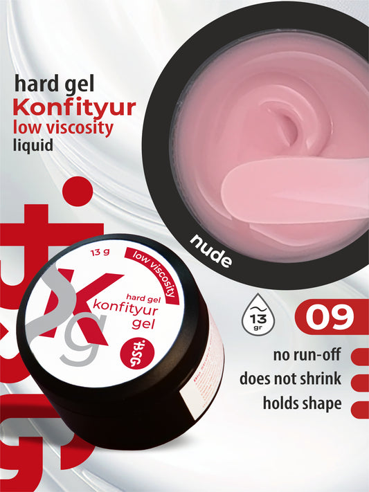 Gel duro BSG para extensiones Konfityur ¹09 BAJA VISCOSIDAD - Perla rosa transparente (13 g)