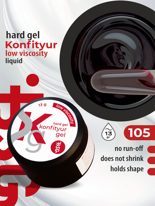 Gel duro BSG para extensiones Konfityur ¹105 BAJA VISCOSIDAD - Caramelo de regaliz con subtono burdeos (13 g)
