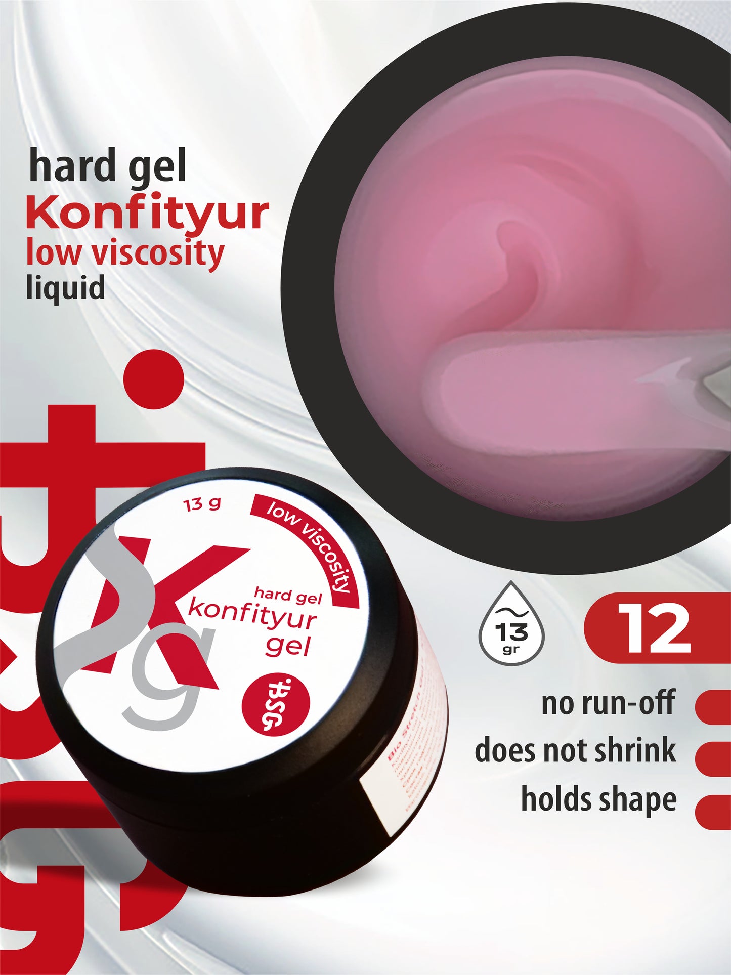 Gel duro BSG para extensiones Konfityur ¹12 BAJA VISCOSIDAD - Rosa transparente ligero (13 g)