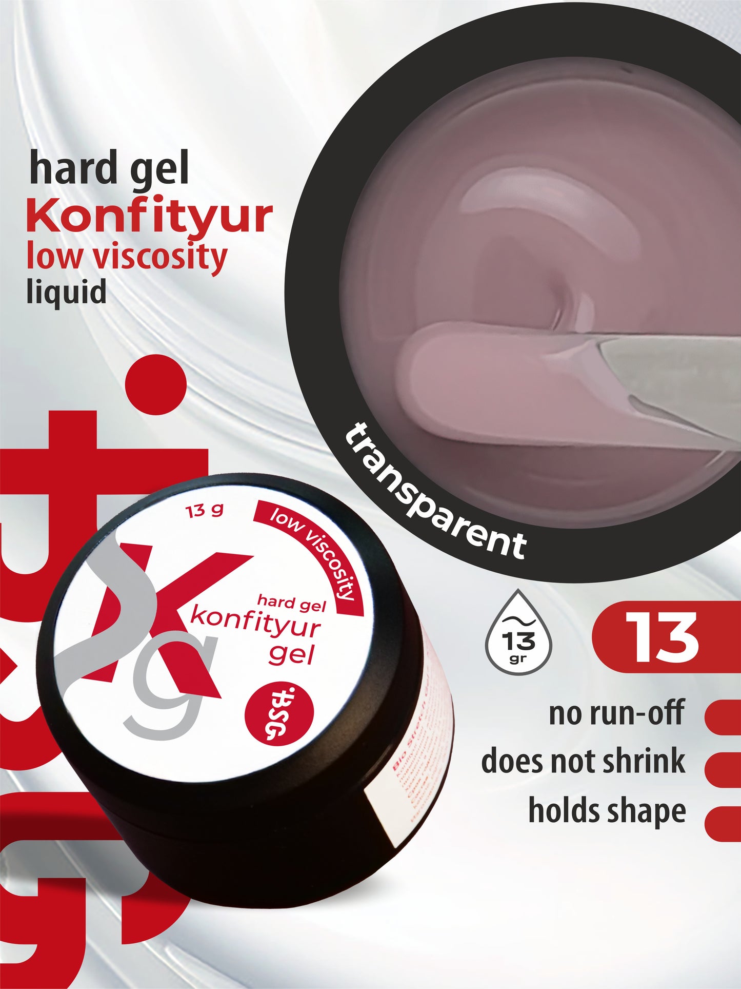 Gel duro BSG para extensiones Konfityur ¹13 BAJA VISCOSIDAD - Rosa transparente, camuflaje (13 g)