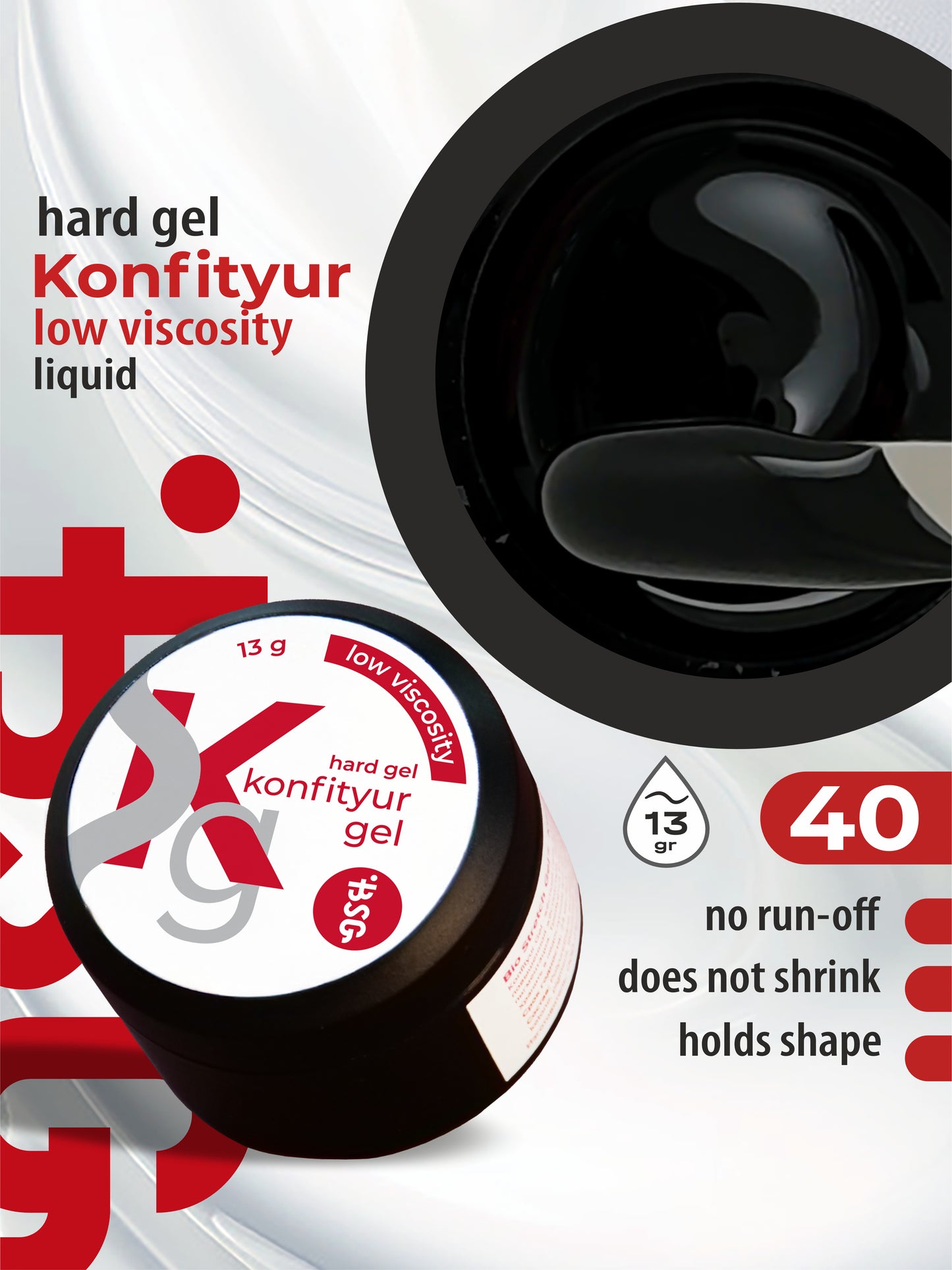Gel duro BSG para extensiones Konfityur ¹40 BAJA VISCOSIDAD - Negro (13 g)