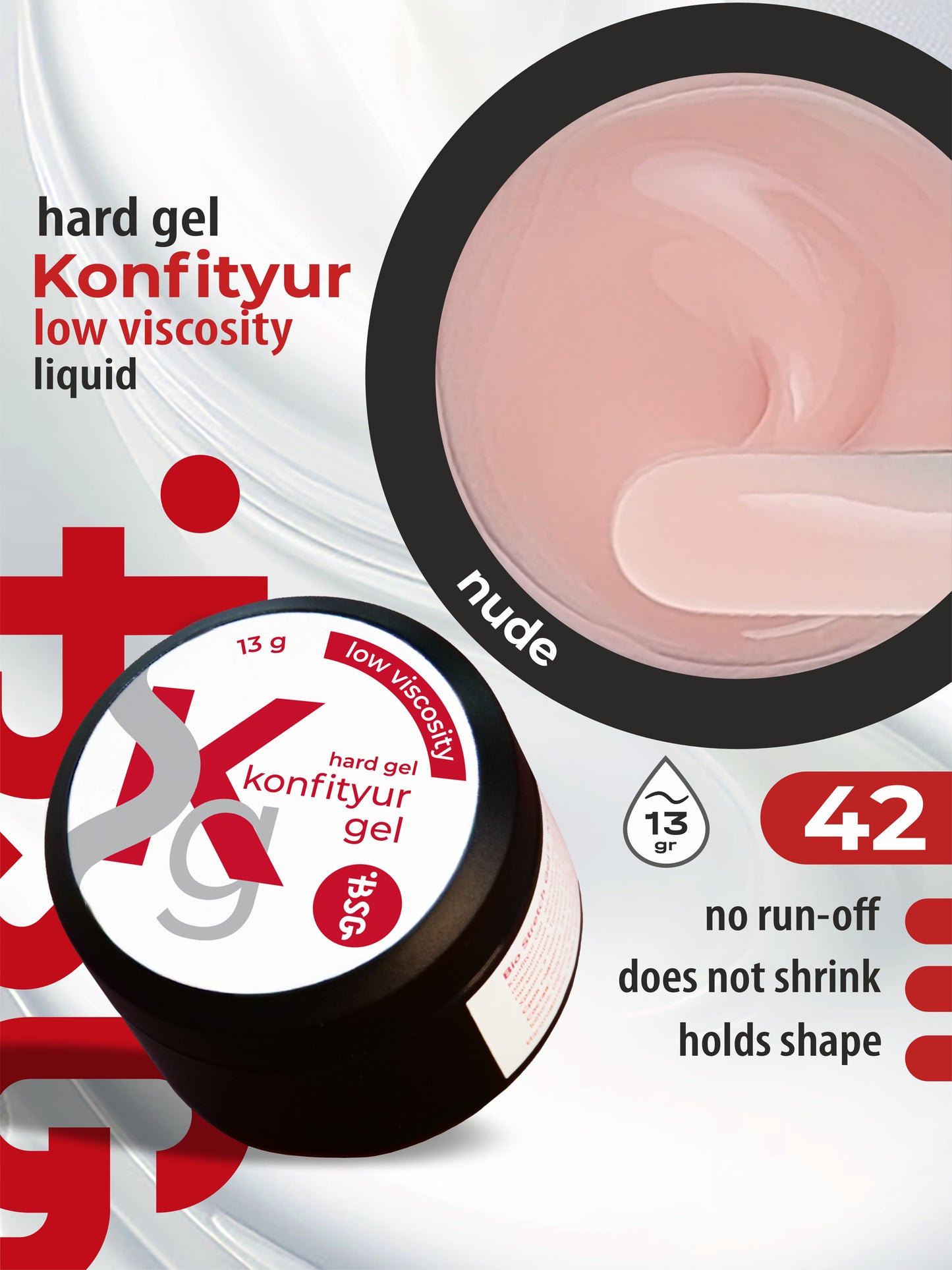 Gel duro BSG para extensiones Konfityur ¹42 BAJA VISCOSIDAD - Beige-melocotón, denso (13 g)