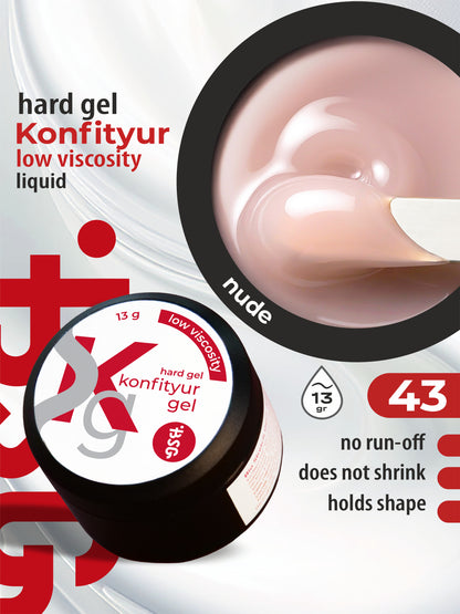 BSG Hard gel for extensions Konfityur ¹43 LOW VISCOSITY - Transparent shade of the most delicate camouflage with a peach note (13 g)