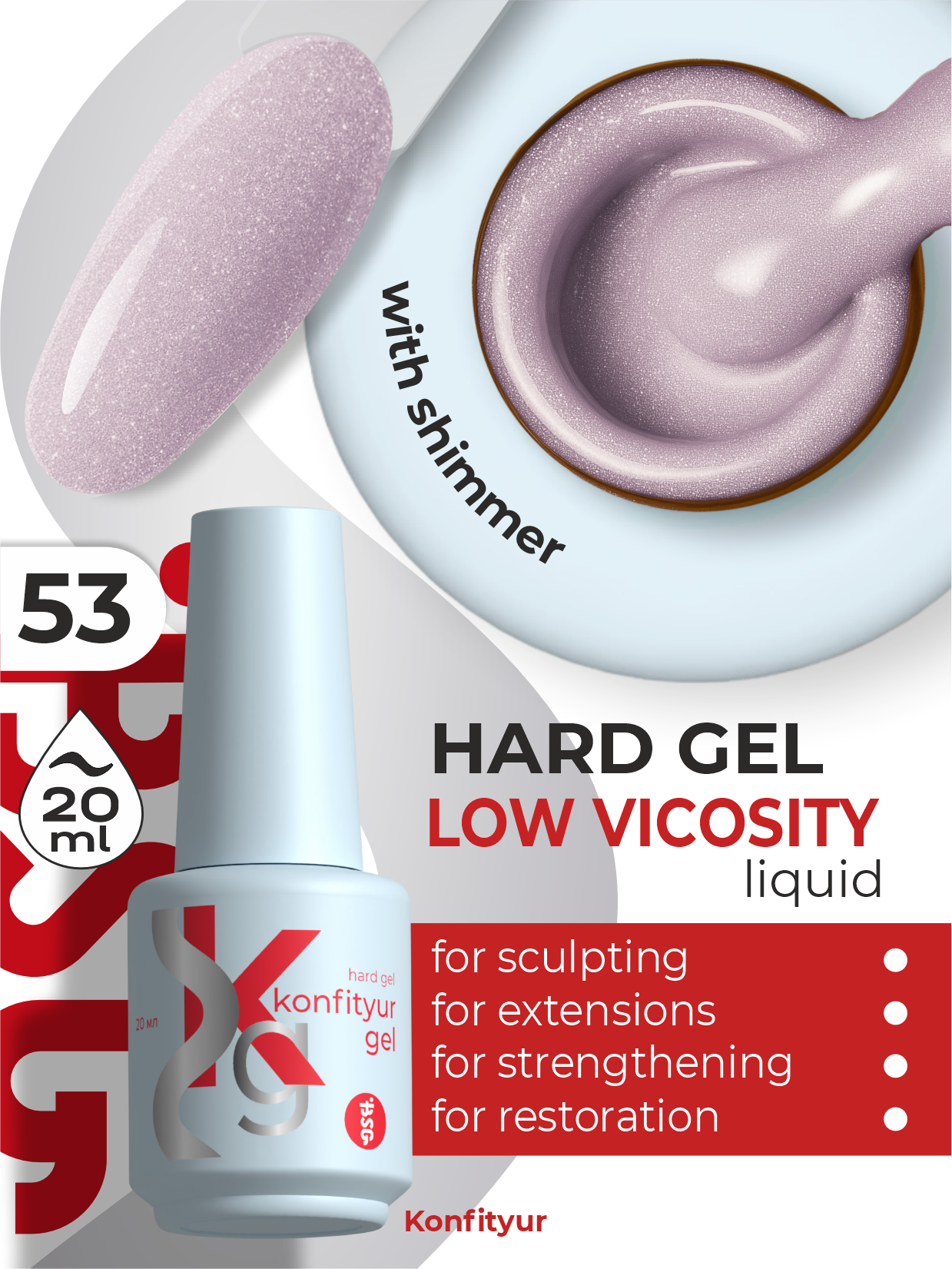 Gel duro BSG en botella Konfityur #53 BAJA VISCOSIDAD - Rosa Mountbatten con brillo (denso) (20 ml)